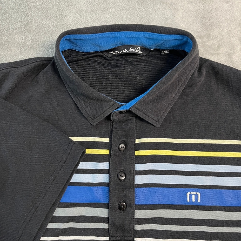 Travis Mathew Mens Polo Shirt Black Multi Color Stripe Pima Cotton Blend XL